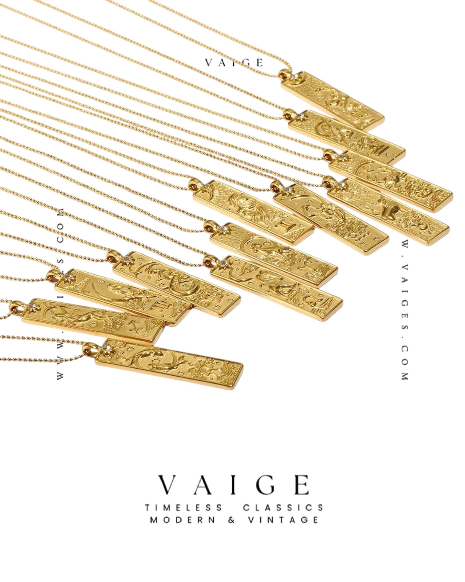 VAIGE Gold & Silver Zodiac Bar Necklace Stainless Steel Aries, Taurus, Gemini, Cancer, Leo, Virgo, Libra, Scorpio, Sagittarius, Capricorn, Aquarius, and Pisces